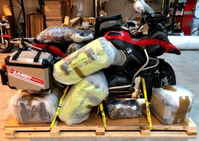 My bike, on the pallet, contents wrapped and ready for boxing and airfreighting to Buenos Aires via Mexico City. Photograph: Motofreight